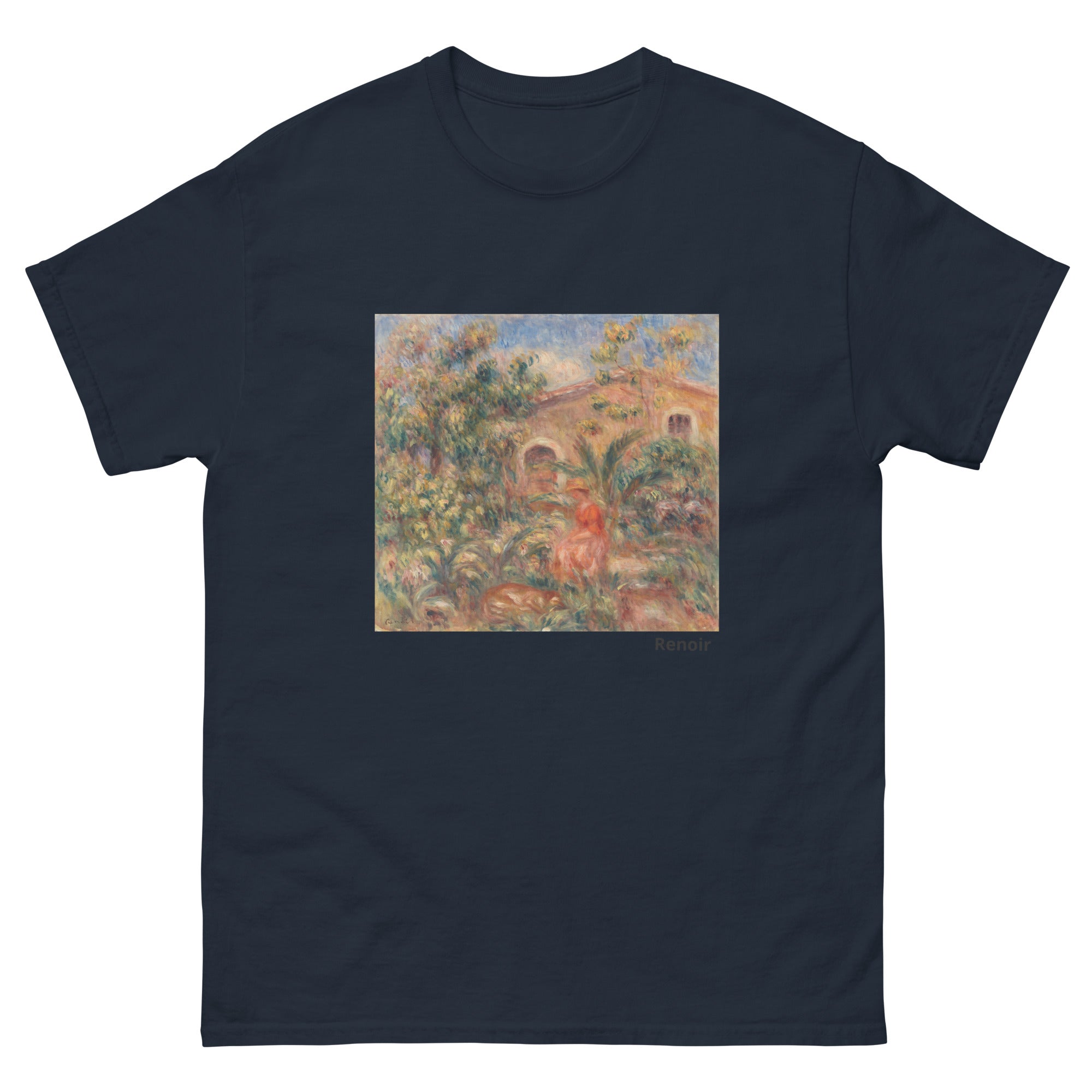 Unisex classic tee featuring Renoir's impressionist landscape with a woman and dog outdoors