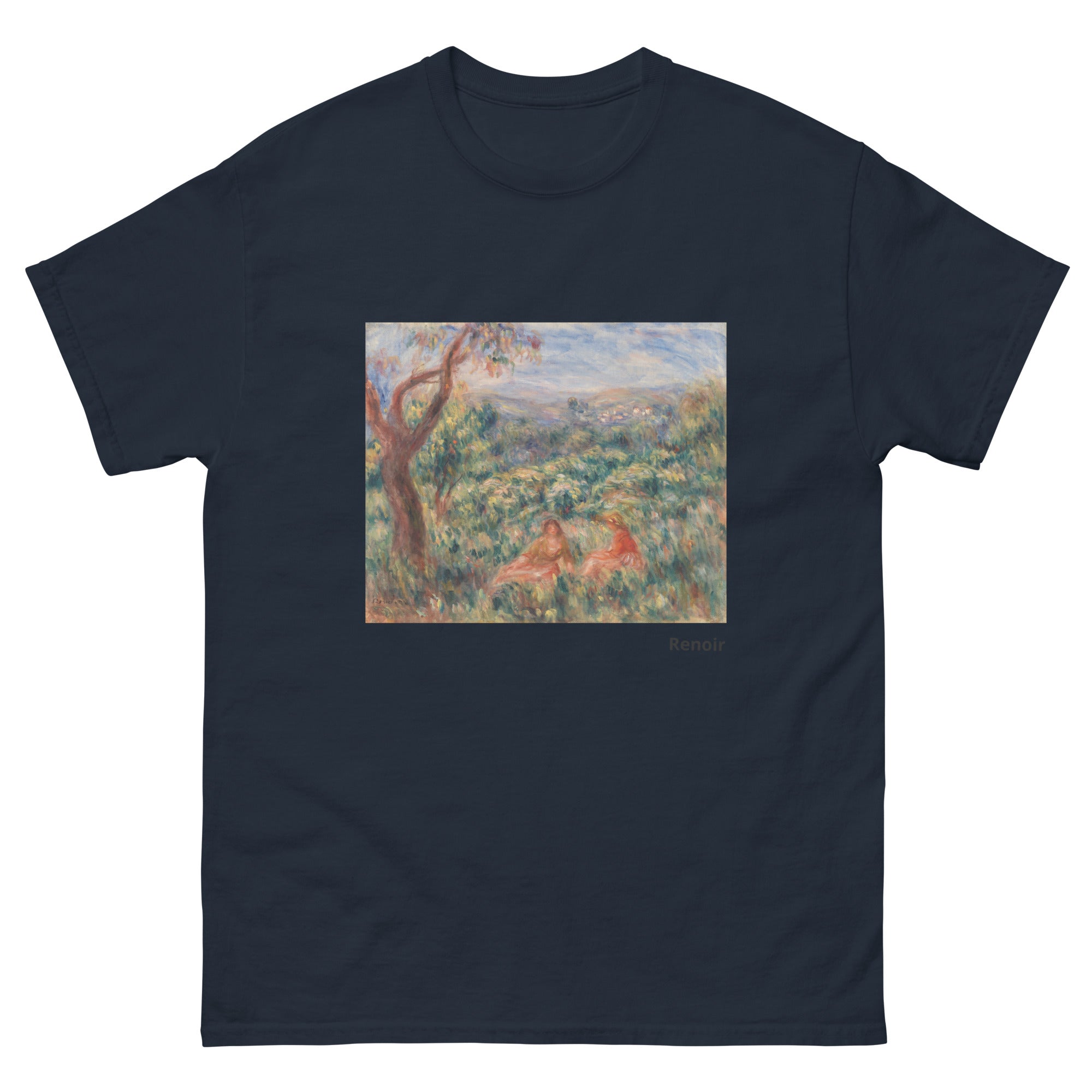 Unisex classic tee featuring Renoir's 1916 impressionist landscape with vibrant natural scenery