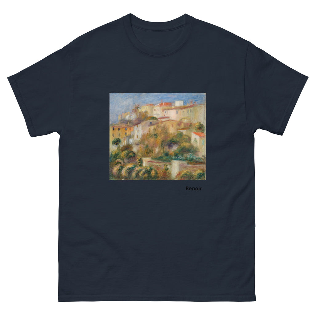 Unisex classic tee featuring Renoir's impressionist painting of houses on a sunlit hillside
