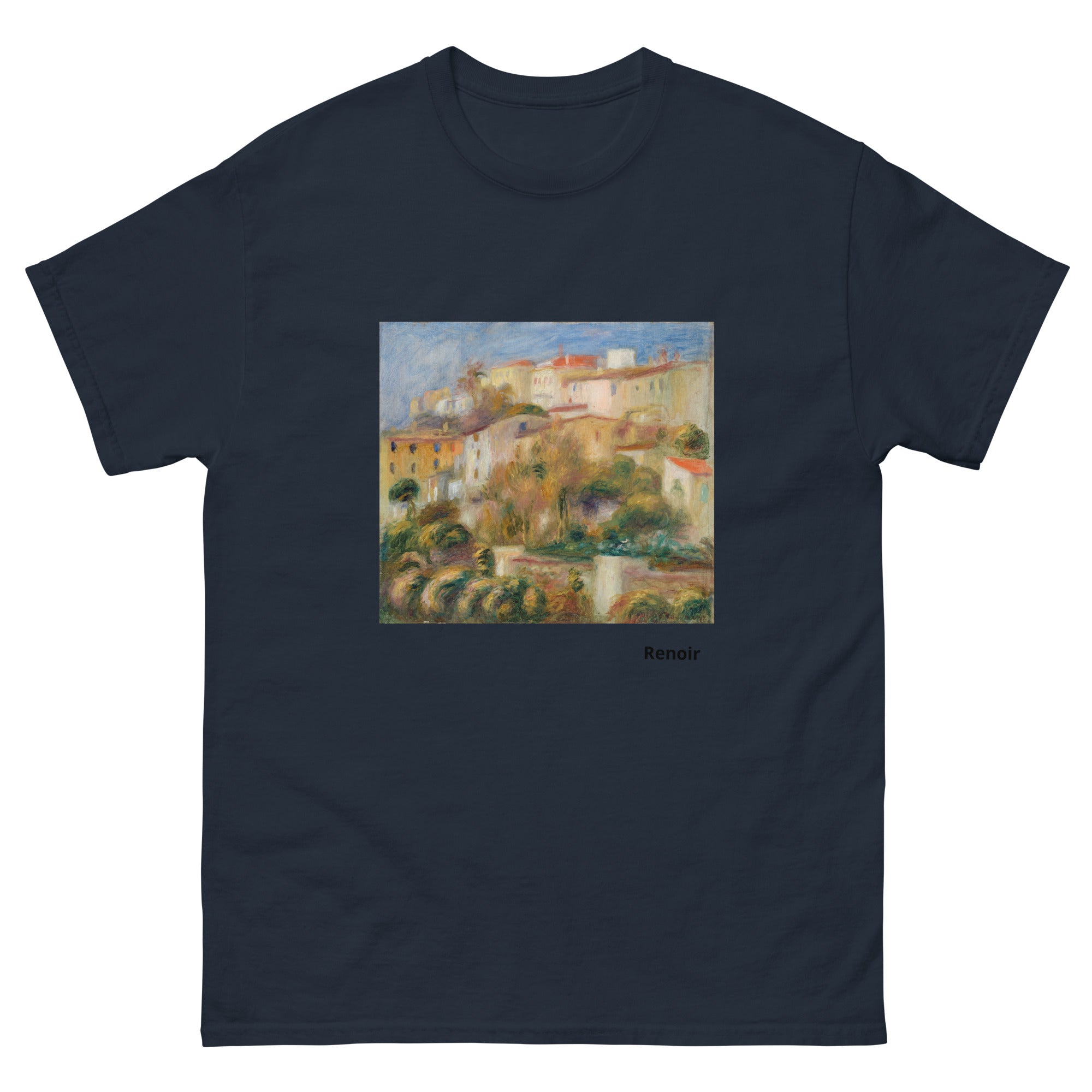Unisex classic tee featuring Renoir's impressionist painting of houses on a sunlit hillside
