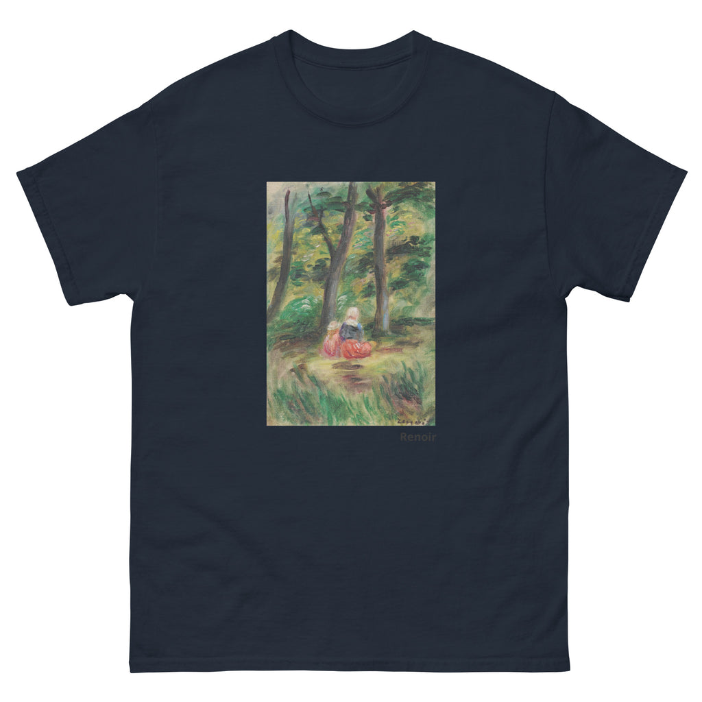 Unisex classic tee featuring Renoir's impressionist painting of a woman and child in a landscape