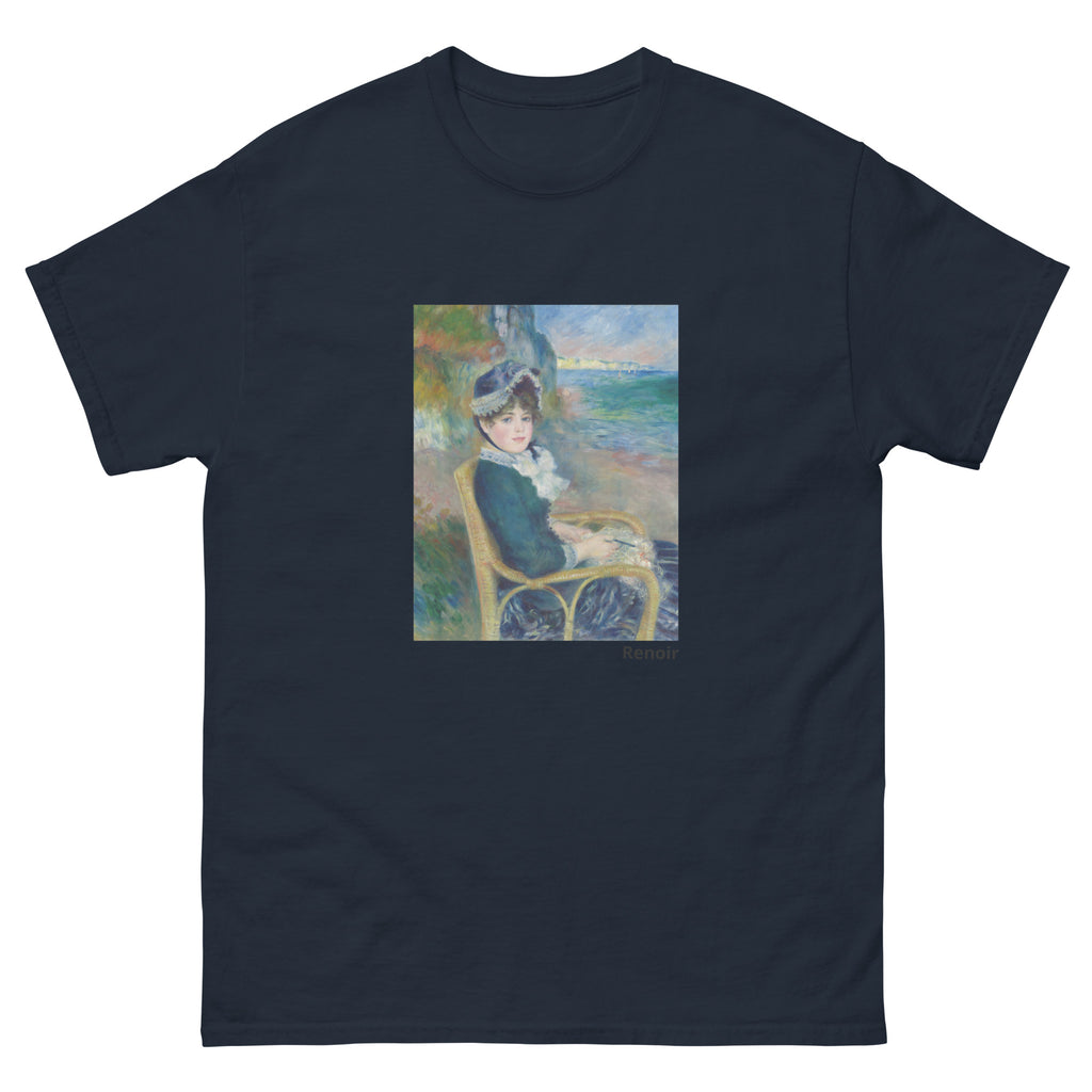 Unisex classic tee featuring Renoir's impressionist painting of a woman seated by the seashore