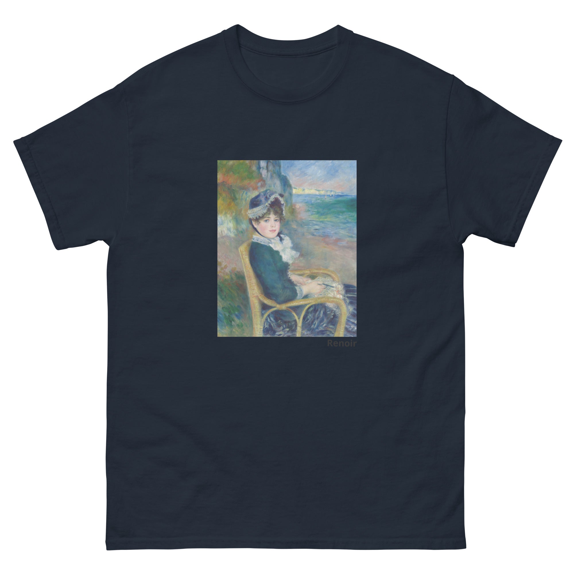 Unisex classic tee featuring Renoir's impressionist painting of a woman seated by the seashore