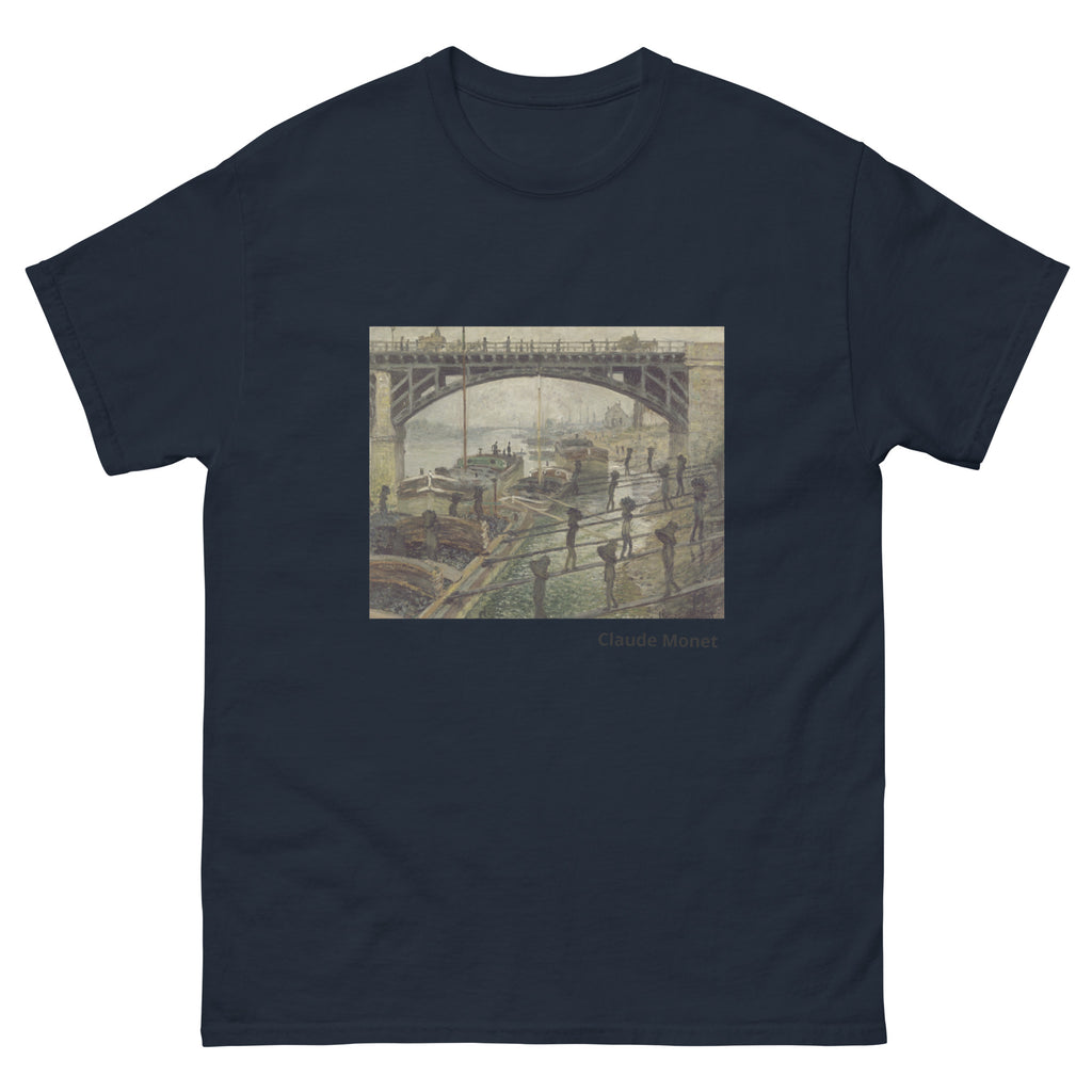 Unisex classic tee featuring Monet's impressionist painting of workers unloading coal from barges