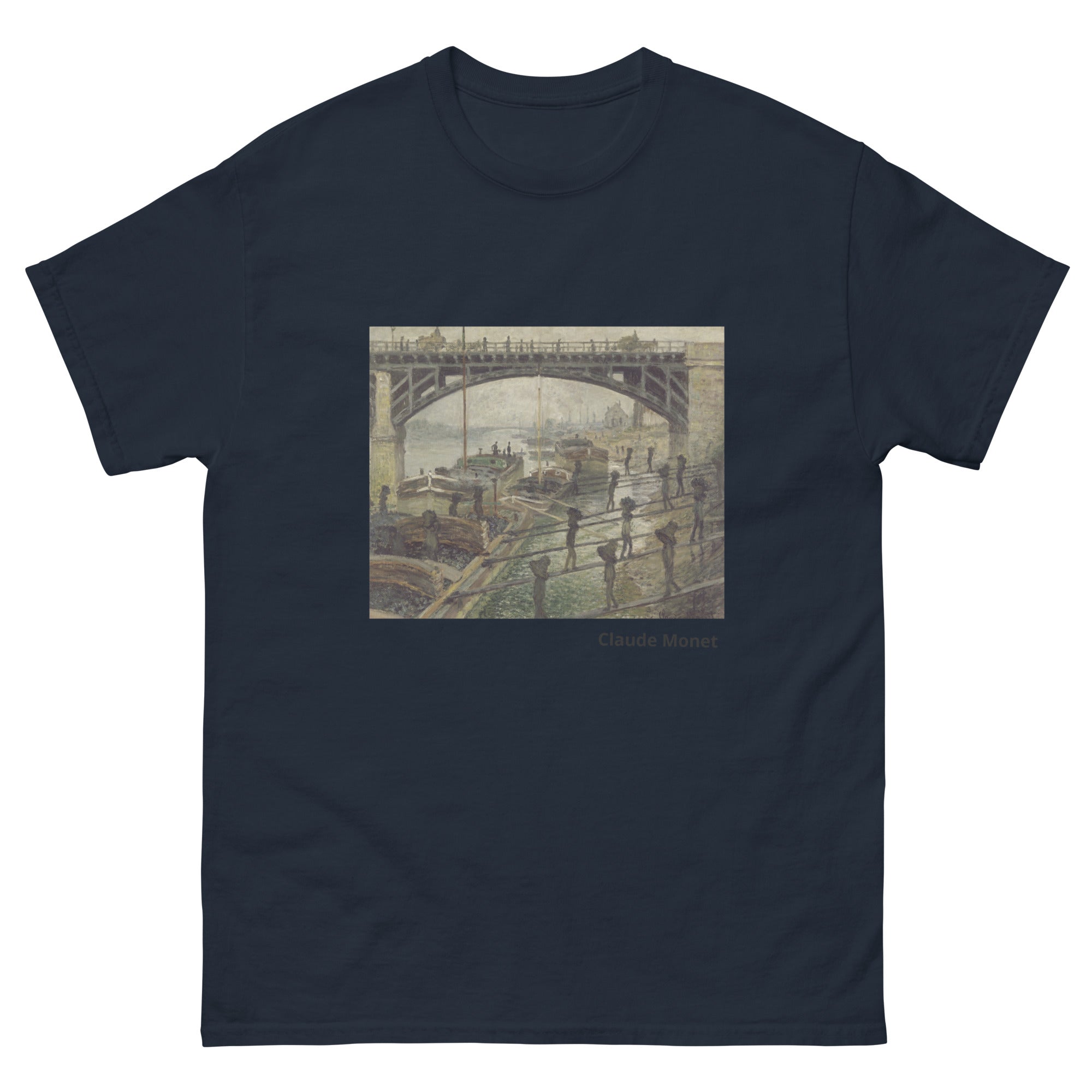 Unisex classic tee featuring Monet's impressionist painting of workers unloading coal from barges