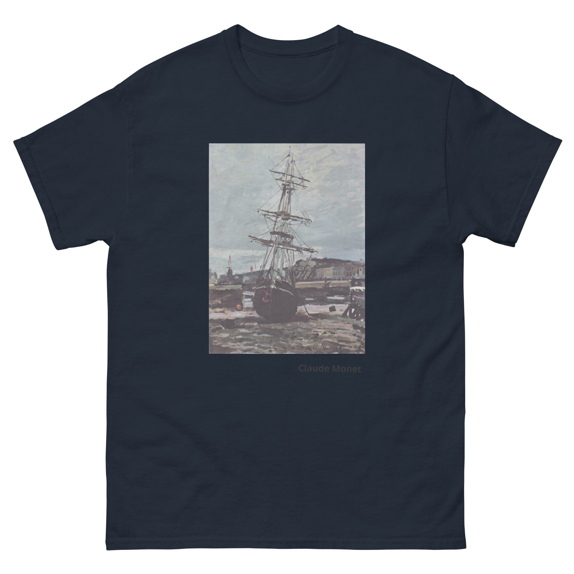 Unisex classic tee featuring Monet's impressionist painting of a stranded boat at Fécamp