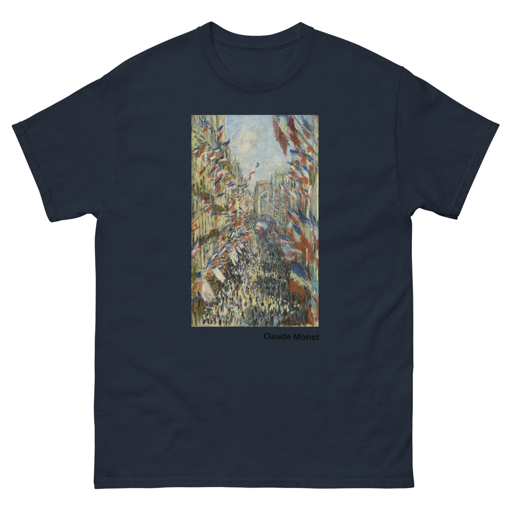 Unisex classic tee featuring Monet's lively impressionist painting of Rue Montorgueil in Paris
