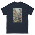 Unisex classic tee featuring Monet's lively impressionist painting of Rue Montorgueil in Paris, shown in Navy, front view, sizes S–5XL