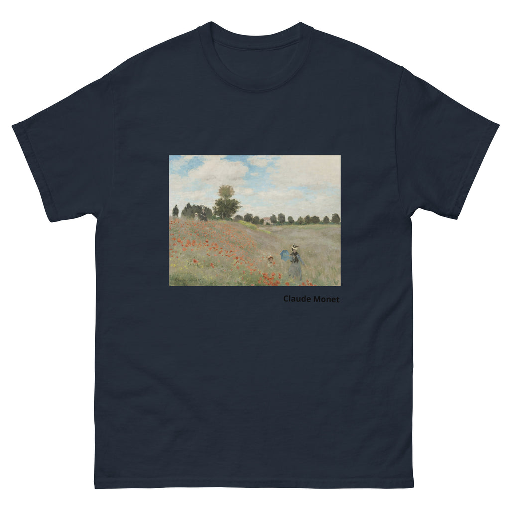 Unisex classic tee featuring Monet's impressionist painting of a red poppy field in summer