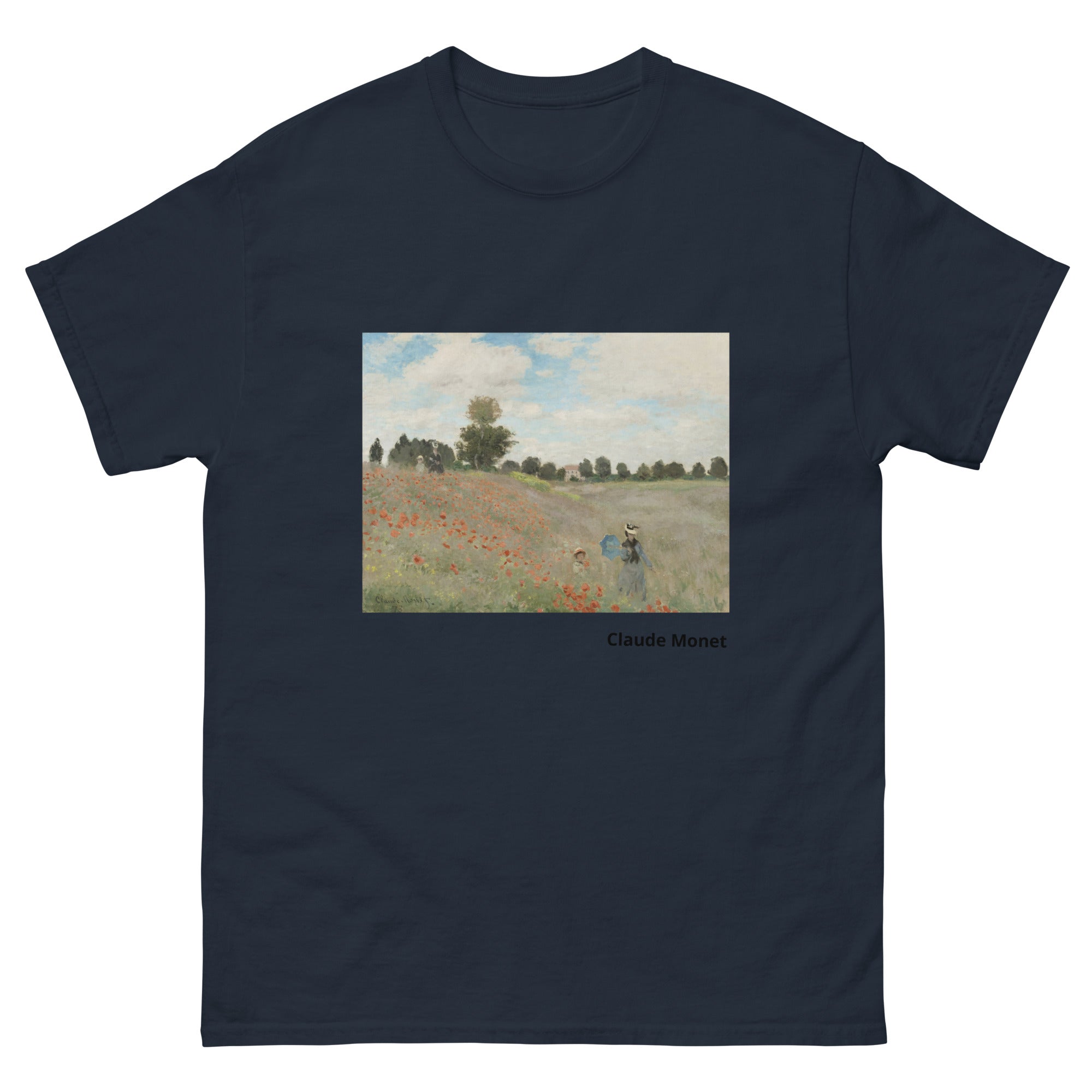 Unisex classic tee featuring Monet's impressionist painting of a red poppy field in summer