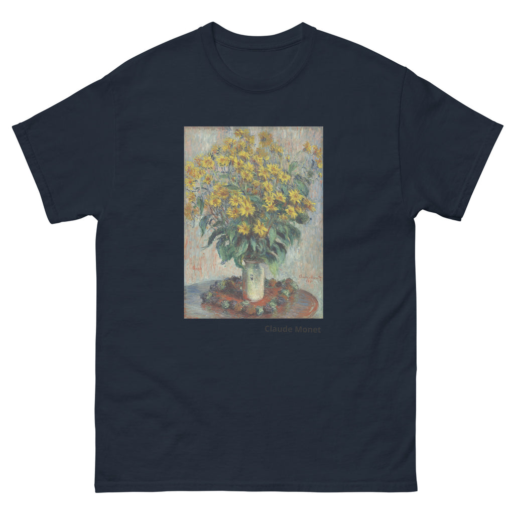 Unisex classic tee featuring Monet's impressionist painting of Jerusalem artichoke flowers in bloom