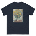 Unisex classic tee featuring Monet's impressionist painting of Jerusalem artichoke flowers in bloom, shown in Navy, front view, sizes S–5XL