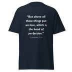 Unisex black t-shirt with Colossians 3:14 Bible verse printed in white text on front