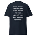 Unisex black t-shirt with Ephesians 2:8-9 Bible verse printed in white text on front