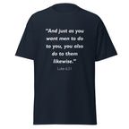 Unisex heather gray t-shirt with Luke 6:31 Bible verse printed in white text on front
