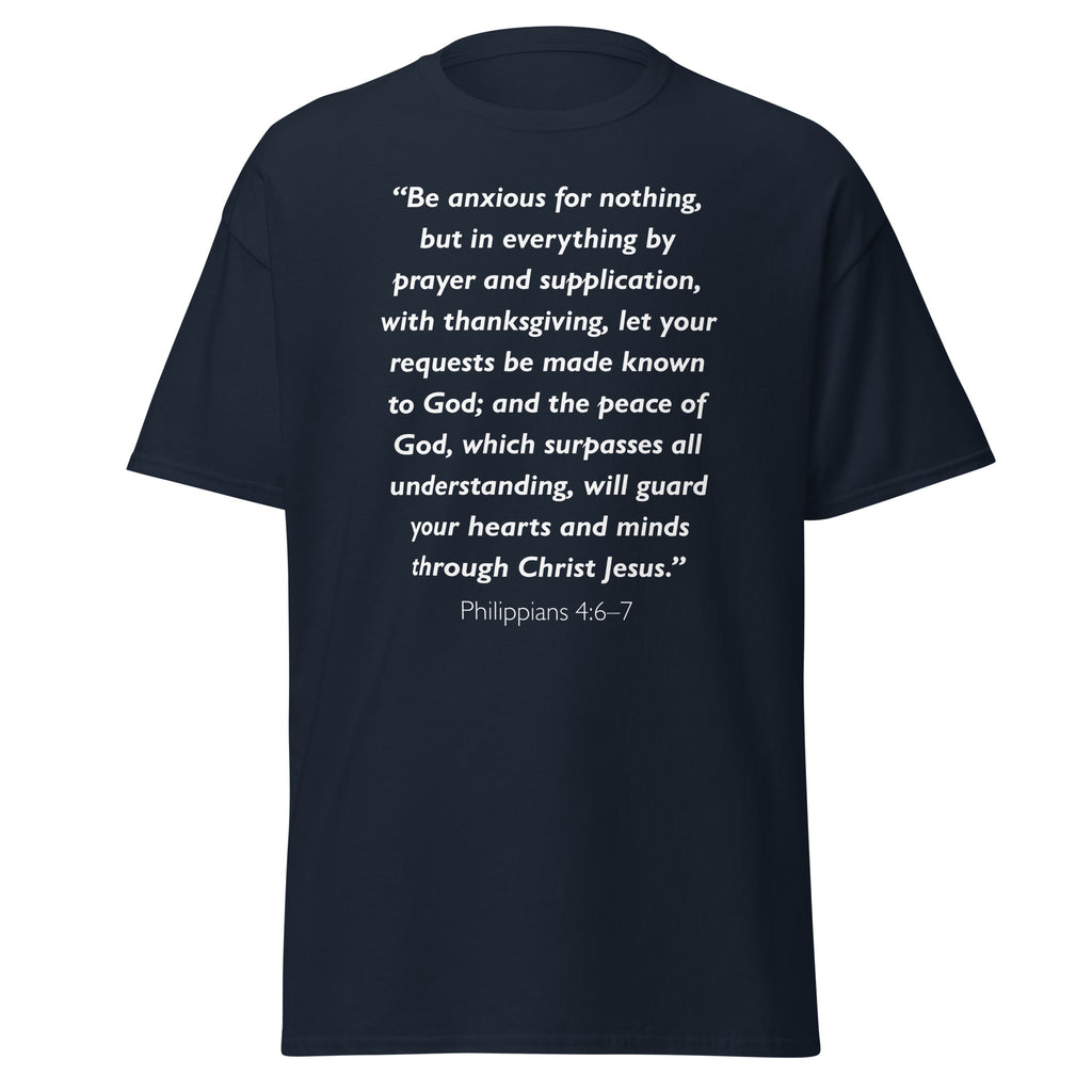 Unisex heather gray t-shirt with Philippians 4:6-7 Bible verse printed in white text on front