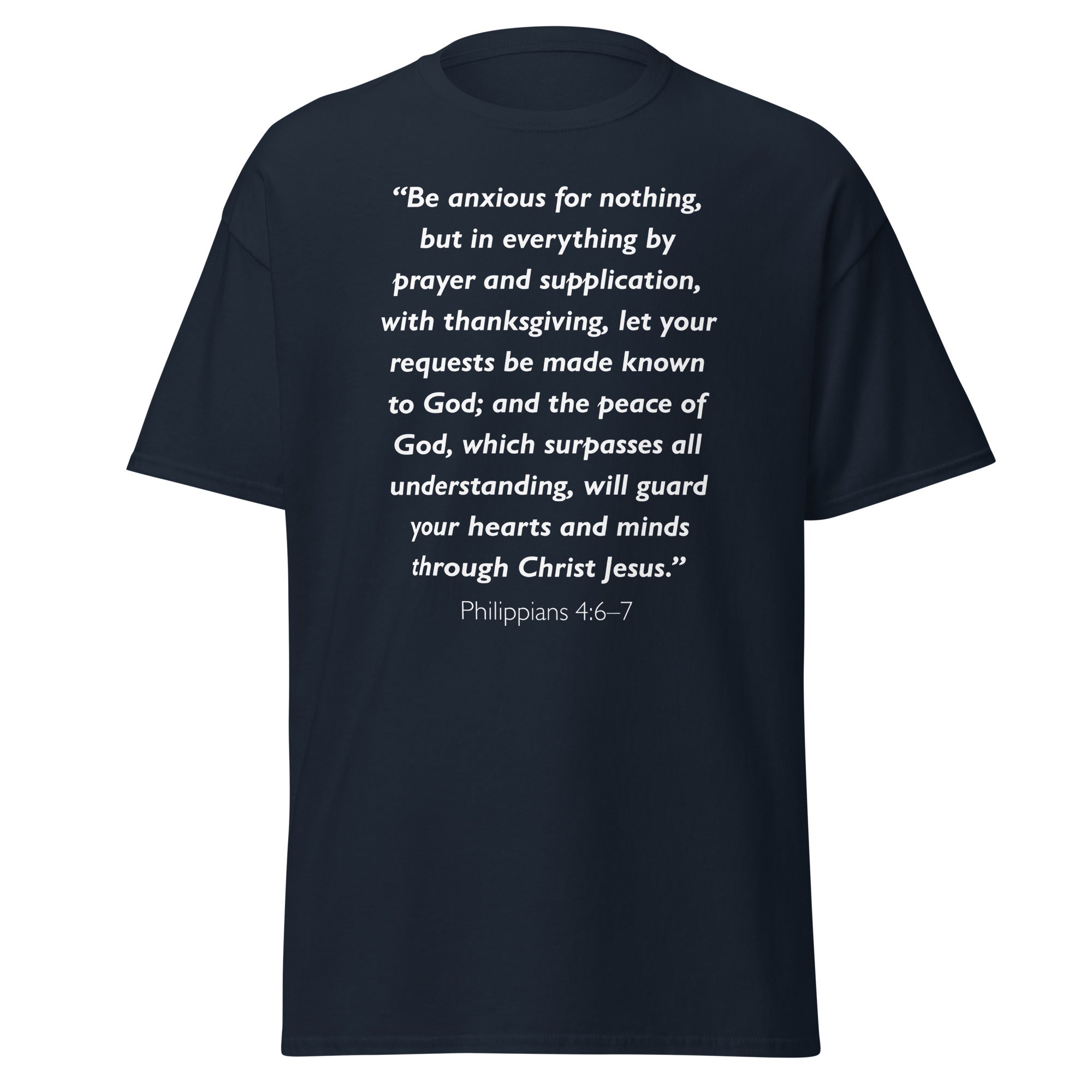 Unisex heather gray t-shirt with Philippians 4:6-7 Bible verse printed in white text on front