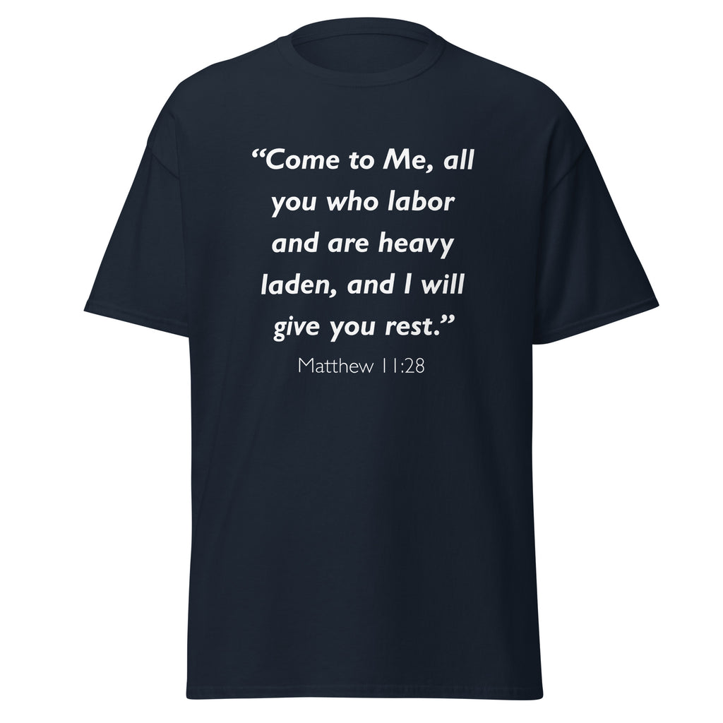 Unisex heather gray t-shirt with Matthew 11:28 Bible verse printed in white text on front