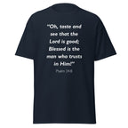 Unisex black t-shirt with Psalm 34:8 Bible verse printed in white text on front