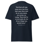 Unisex navy blue t-shirt with Revelation 21:4 Bible verse printed in white text on front