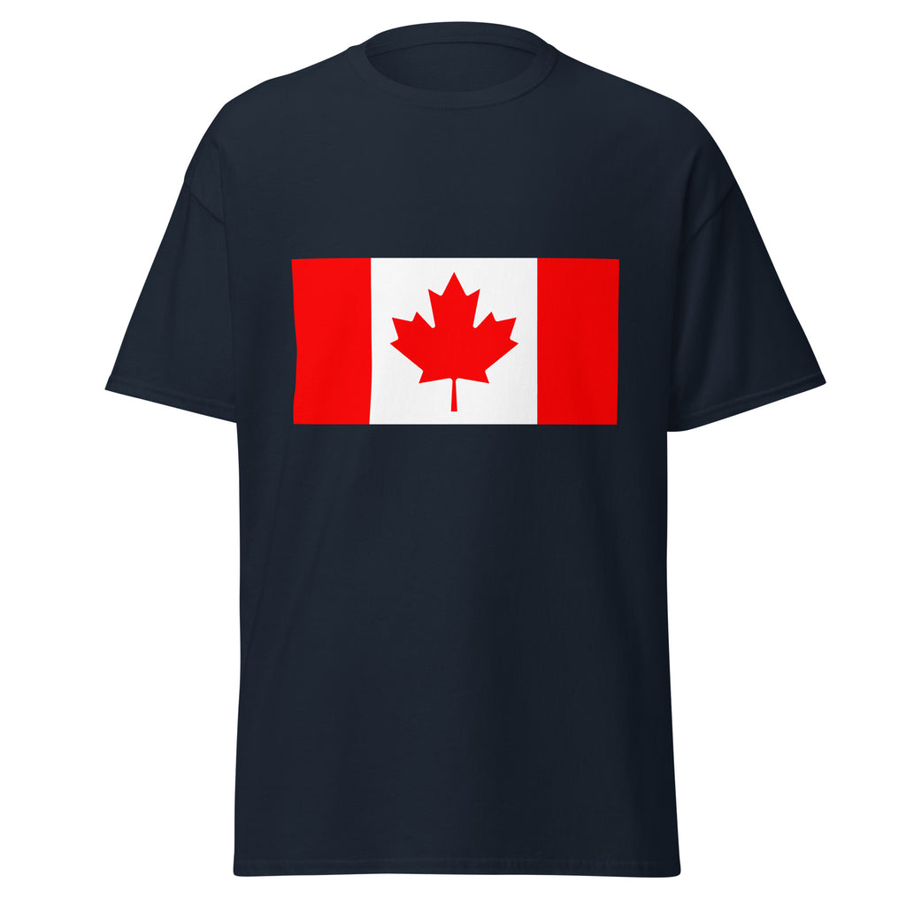 Unisex navy blue t-shirt featuring Canadian flag design printed across the front chest