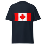 Unisex navy blue t-shirt featuring Canadian flag design printed across the front chest