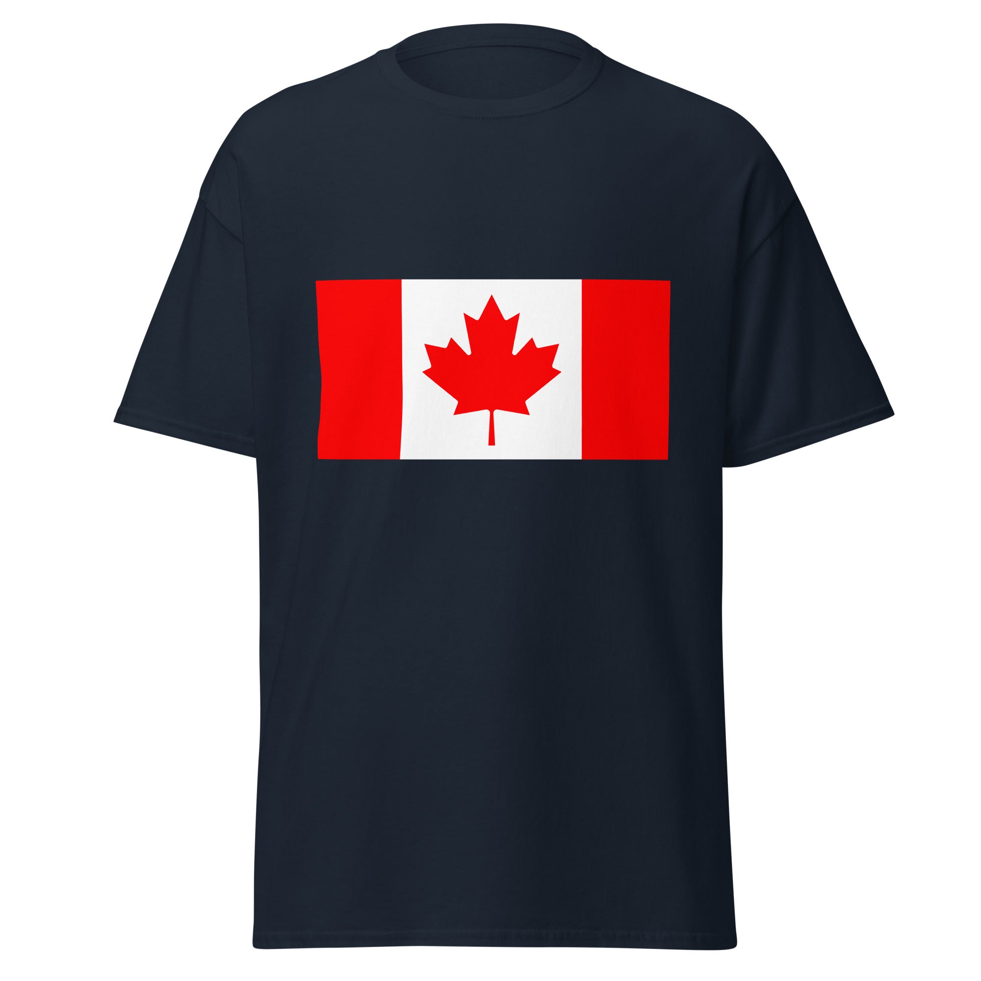 Unisex navy blue t-shirt featuring Canadian flag design printed across the front chest