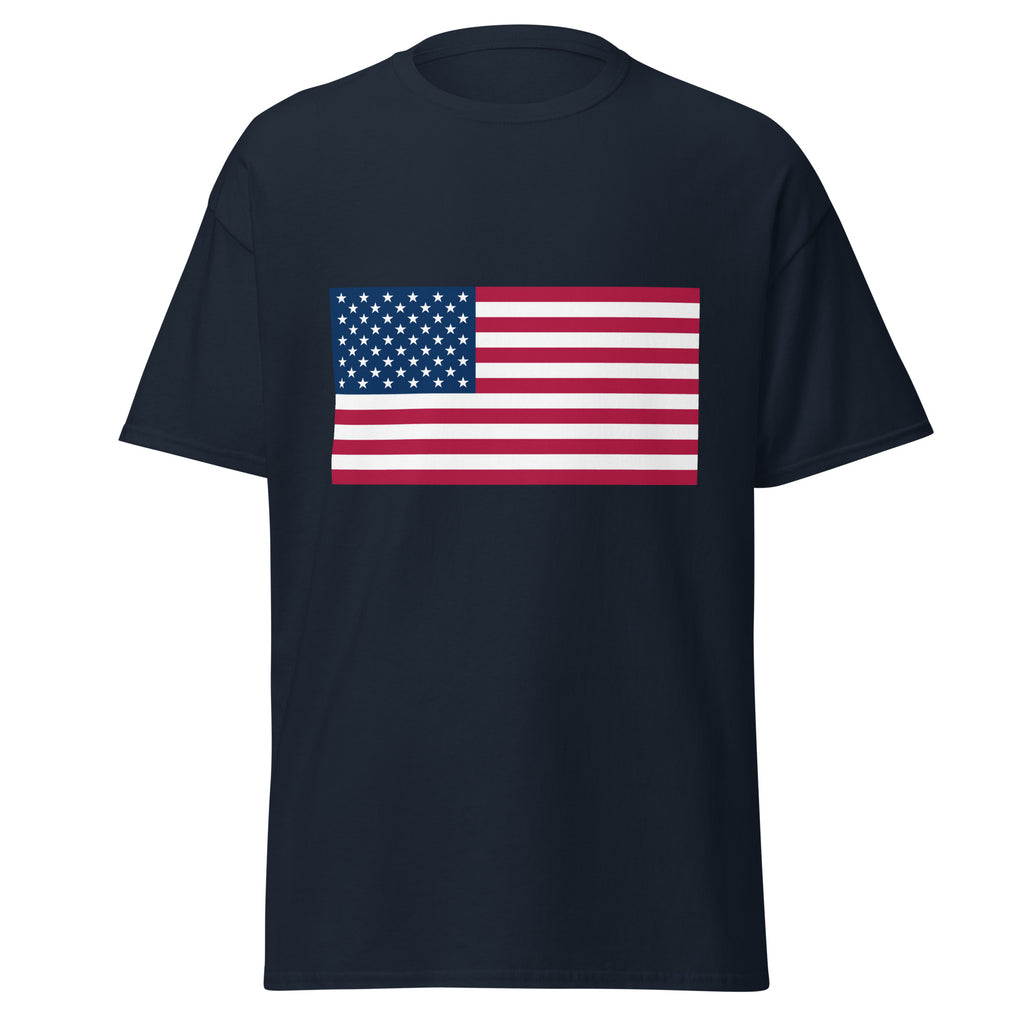 Unisex navy blue t-shirt featuring American flag design printed across the front chest