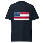 Unisex navy blue t-shirt featuring American flag design printed across the front chest