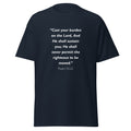Unisex black t-shirt with Psalm 55:22 Bible verse printed in white text on front