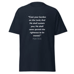 Unisex black t-shirt with Psalm 55:22 Bible verse printed in white text on front