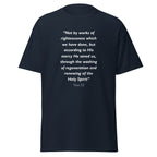 Unisex black t-shirt with Titus 3:5 Bible verse printed in white text on front