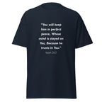 Unisex black t-shirt with Isaiah 26:3 Bible verse printed in white text on front