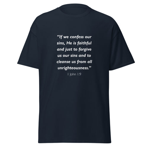 Unisex heather gray t-shirt with 1 John 1:9 Bible verse printed in white text on front