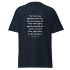 Unisex black t-shirt with Hebrews 9:28 Bible verse printed in white text on front