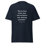 Unisex charcoal t-shirt with James 1:22 Bible verse printed in white text on front