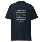 Unisex charcoal t-shirt with Matthew 5:16 Bible verse printed in white text on front