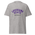 Unisex classic tee featuring Louisiana State University name and branding in purple and gold