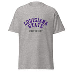 Unisex classic tee featuring Louisiana State University name and branding in purple and gold
