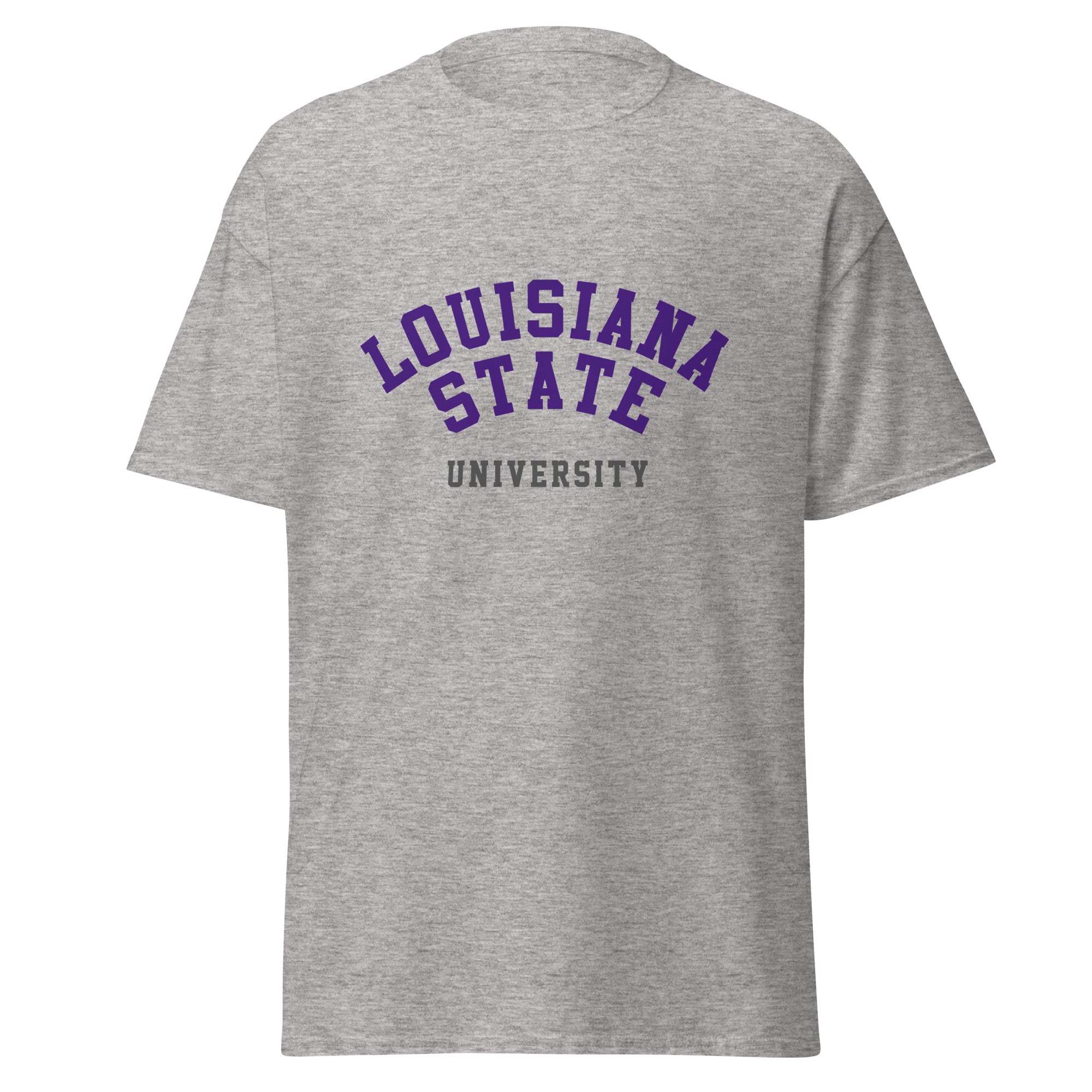 Unisex classic tee featuring Louisiana State University name and branding in purple and gold