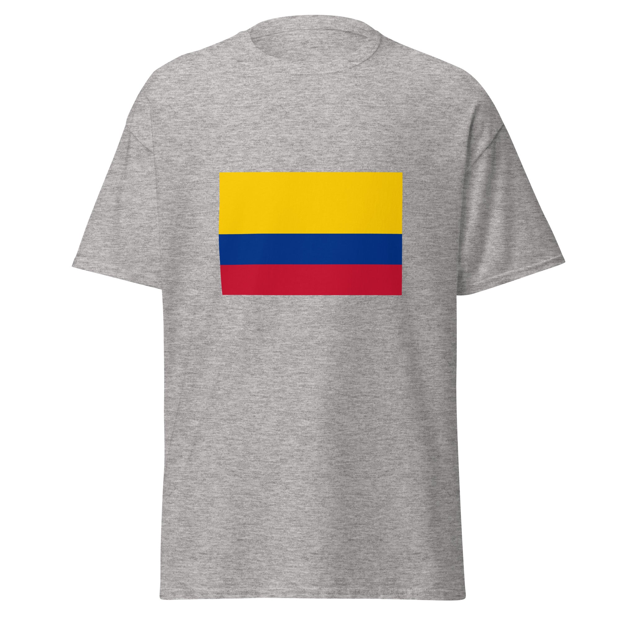 Unisex navy blue t-shirt featuring Colombian flag design printed across the front chest