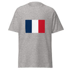 Unisex black t-shirt featuring French flag design printed across the front chest