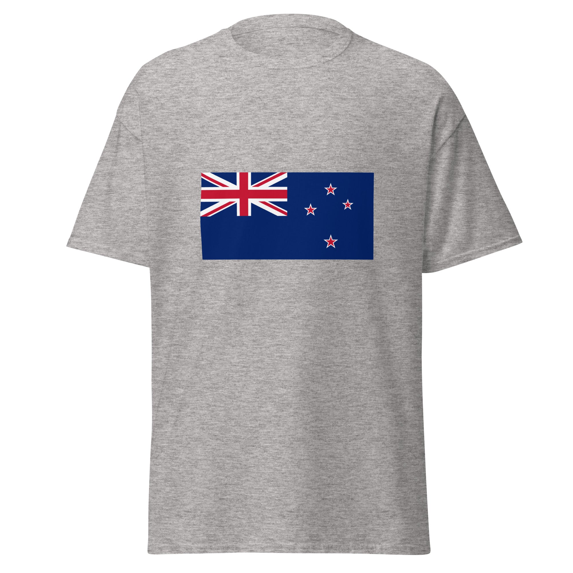 Unisex navy blue t-shirt featuring New Zealand flag design printed across the front chest