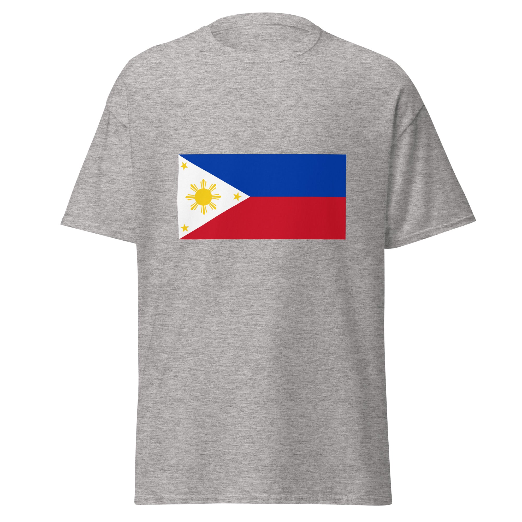 Unisex heather gray t-shirt featuring Philippine flag design printed across the front chest