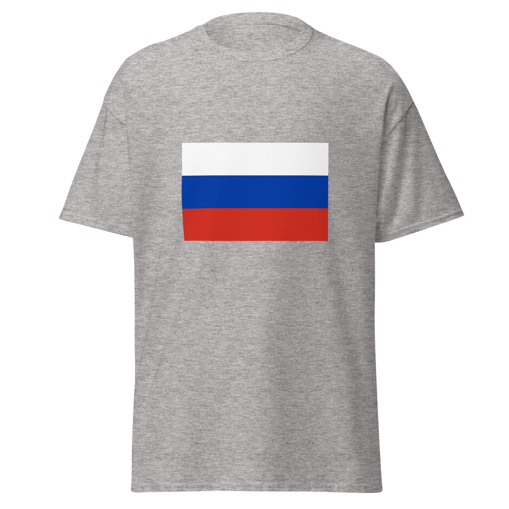 Unisex black t-shirt featuring Russian flag design printed across the front chest