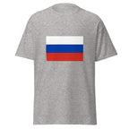 Unisex black t-shirt featuring Russian flag design printed across the front chest