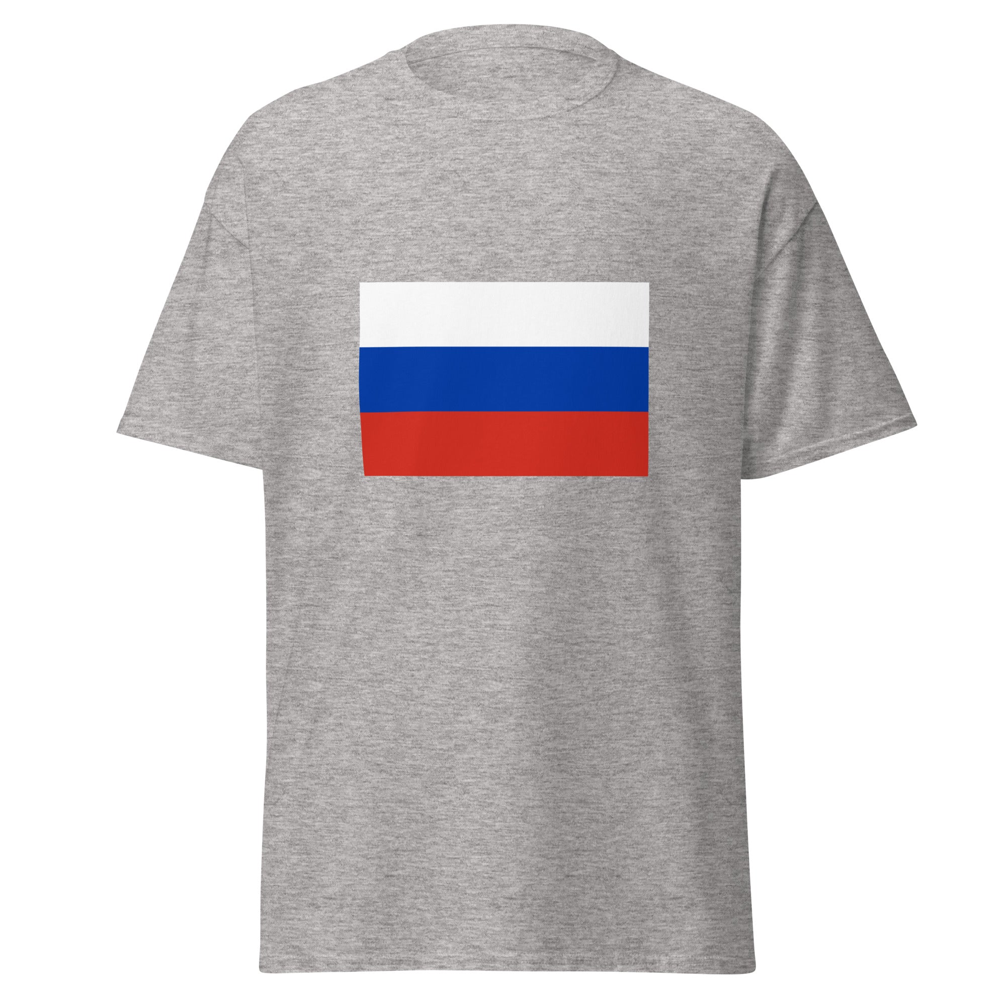 Unisex black t-shirt featuring Russian flag design printed across the front chest