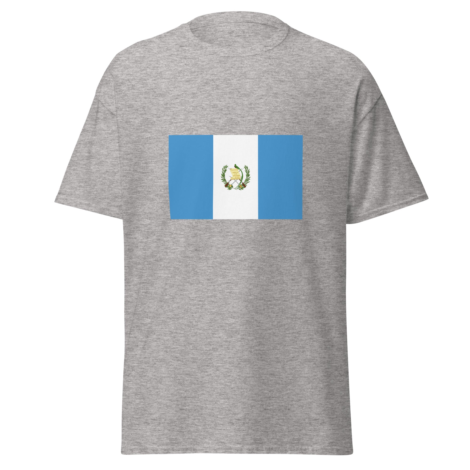 Unisex navy blue t-shirt featuring Guatemalan flag design printed across the front chest
