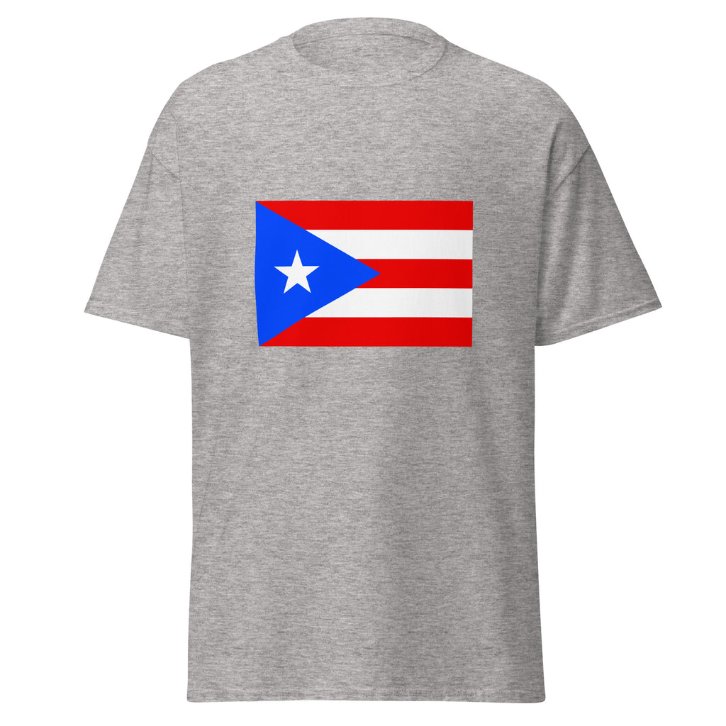 Unisex navy blue t-shirt featuring Puerto Rican flag design printed across the front chest