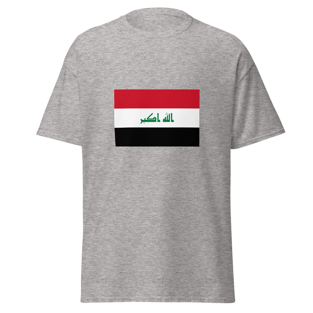Unisex heather gray t-shirt featuring Iraqi flag design printed across the front chest